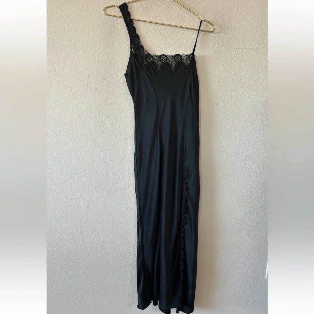 Vintage Y2K Black Silk Slip Dress Lace One Shoulder Maxi Goth S/M - Picture 6 of 13
